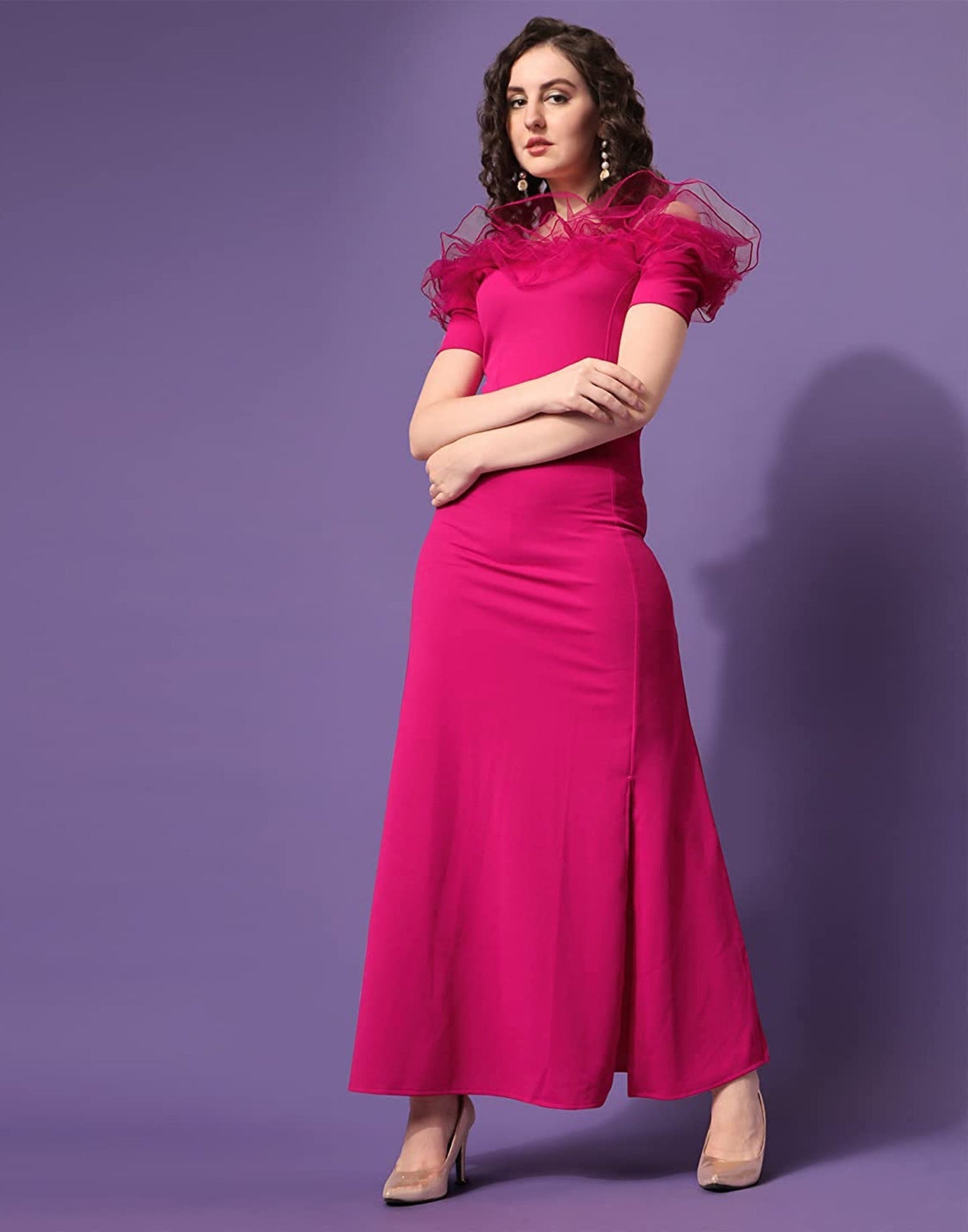 Pink Ruffle Sleeves Slit Dress | Sudathi
