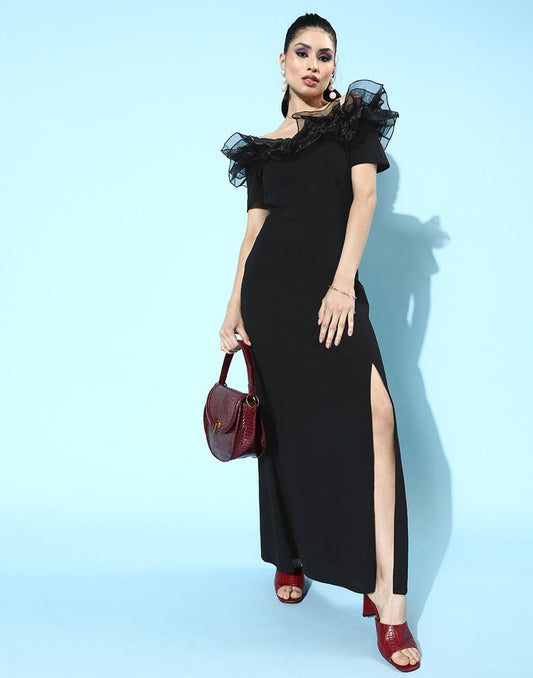 Black Ruffle Sleeves Slit Dress | Leemboodi