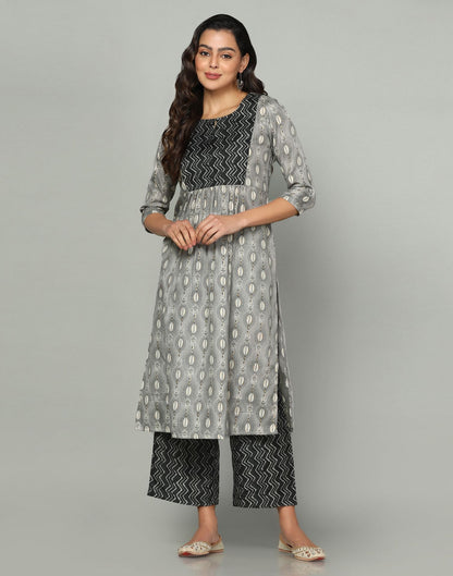 Grey Printed Cotton A-Line Kurta With Pant