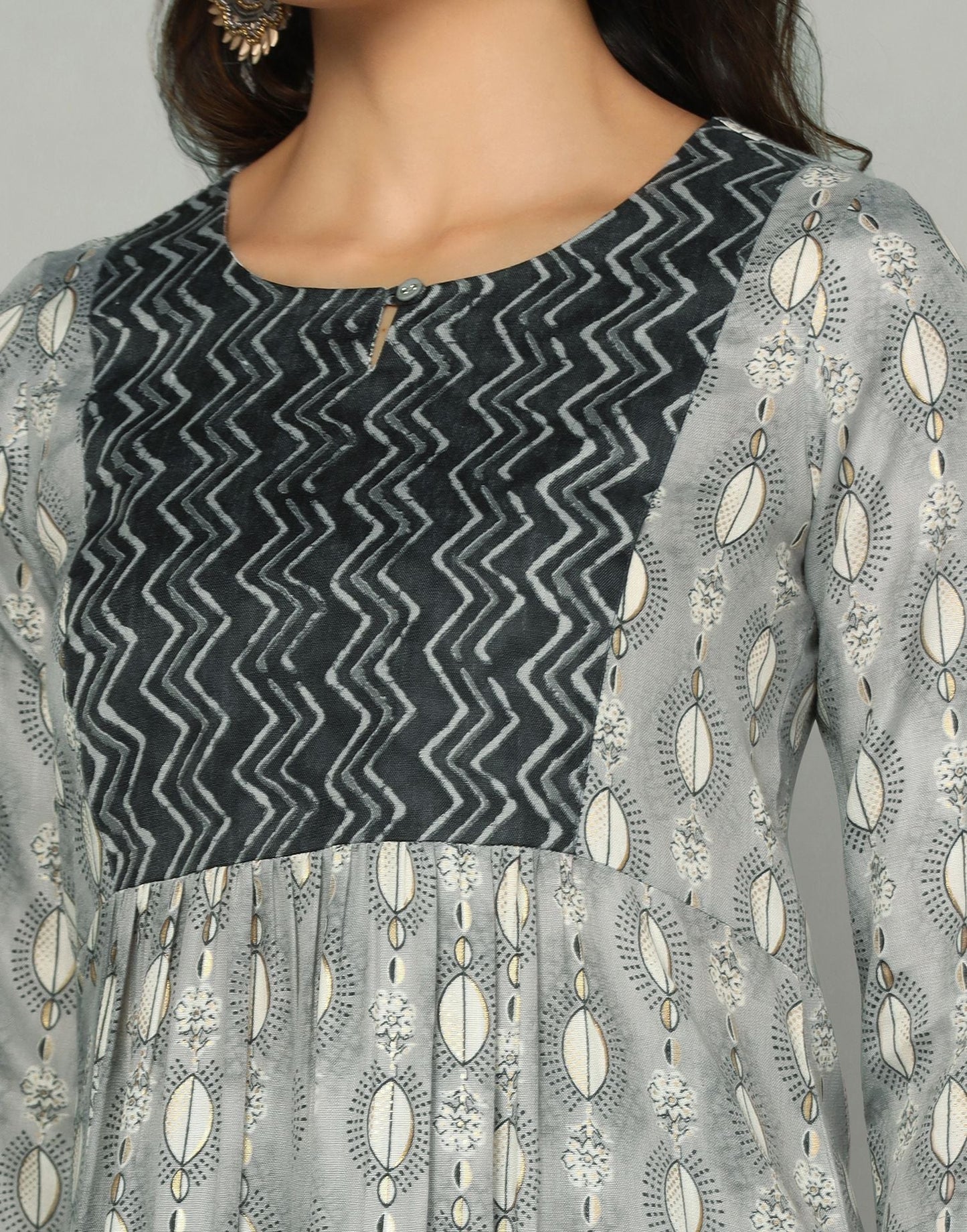 Grey Printed Cotton A-Line Kurta With Pant