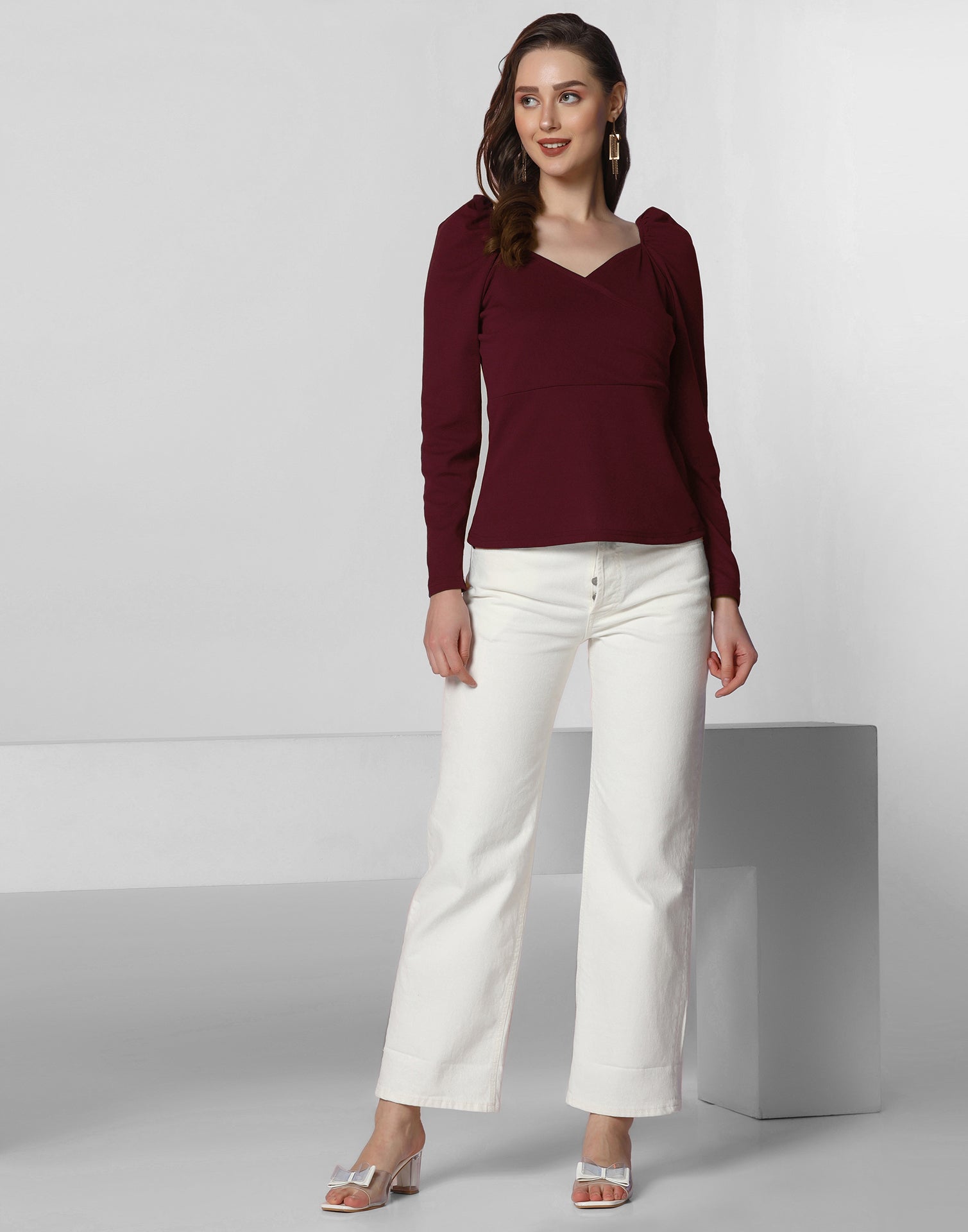 Maroon Puff Sleeves Top | Leemboodi