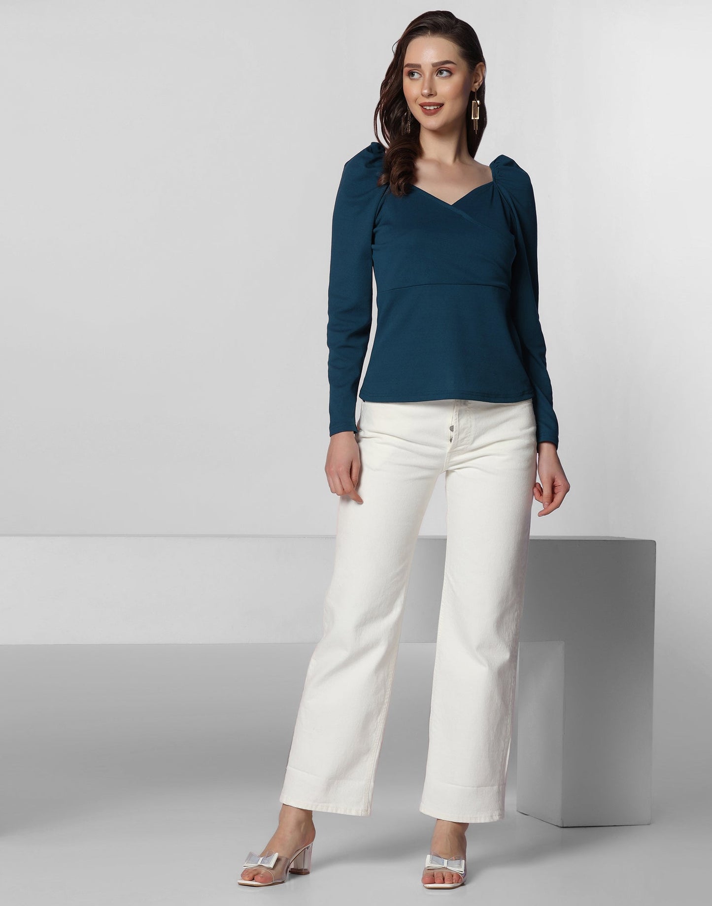 Teal Puff Sleeves Top | Leemboodi