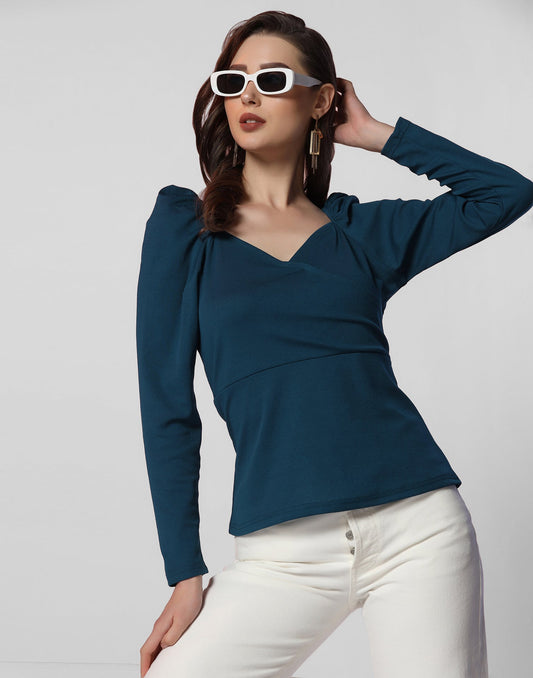 Teal Puff Sleeves Top | Leemboodi