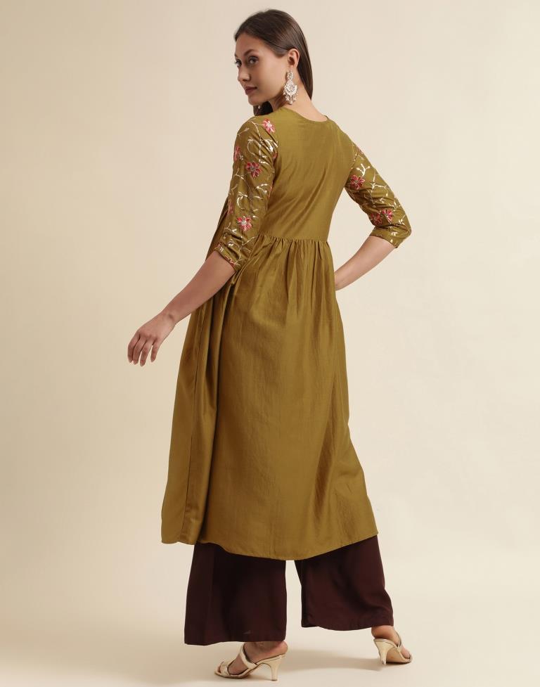 Olive Green V-Neck Gathered Kurta