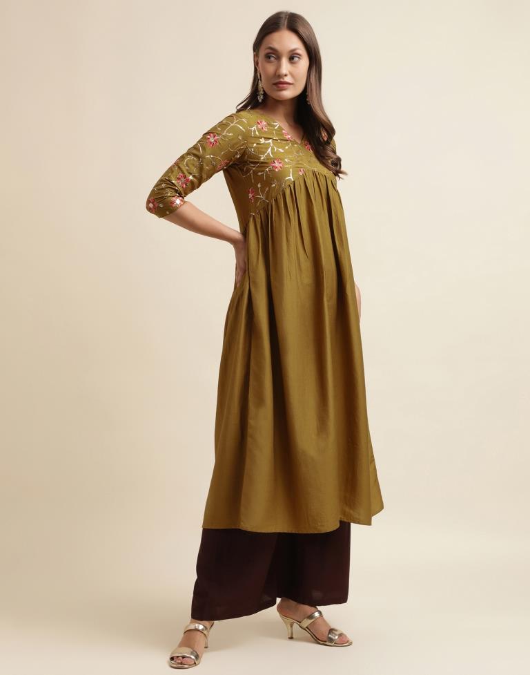 Olive Green V-Neck Gathered Kurta