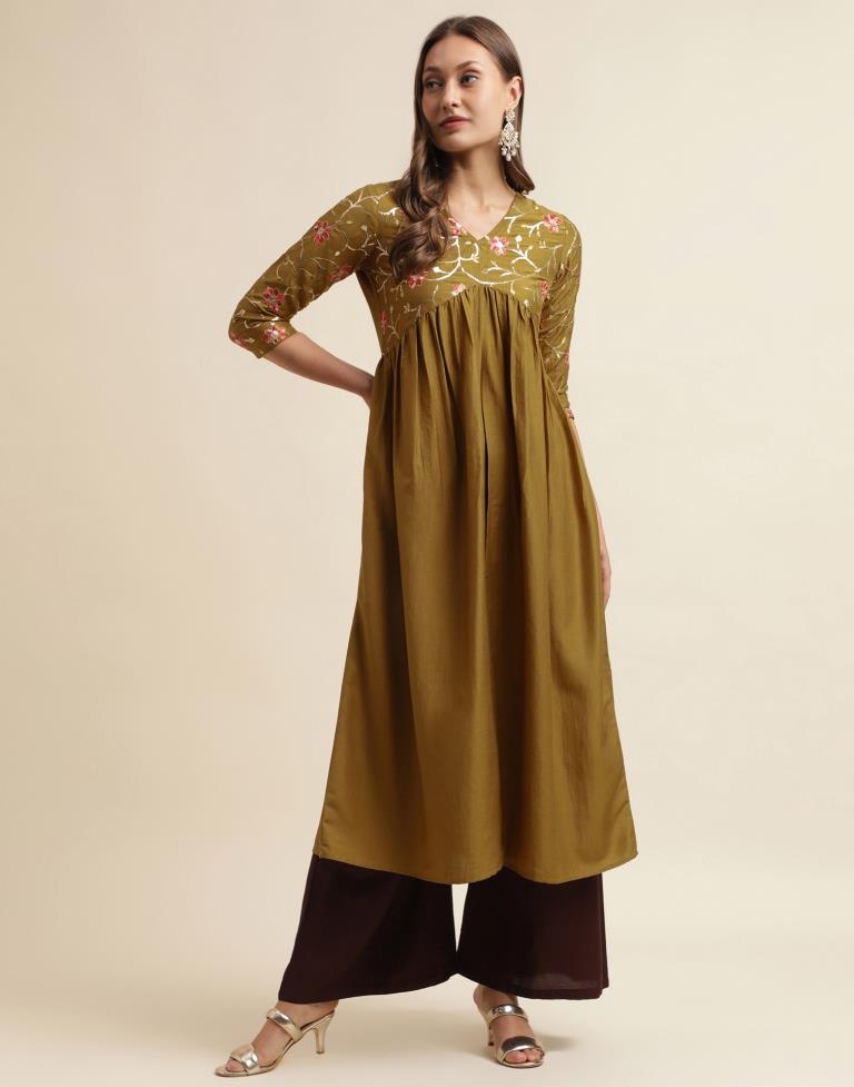 Olive Green V-Neck Gathered Kurta