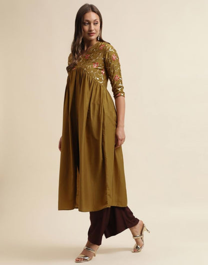 Olive Green V-Neck Gathered Kurta