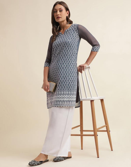 Grey Georgette Embroidery Straight Kurta | Sudathi