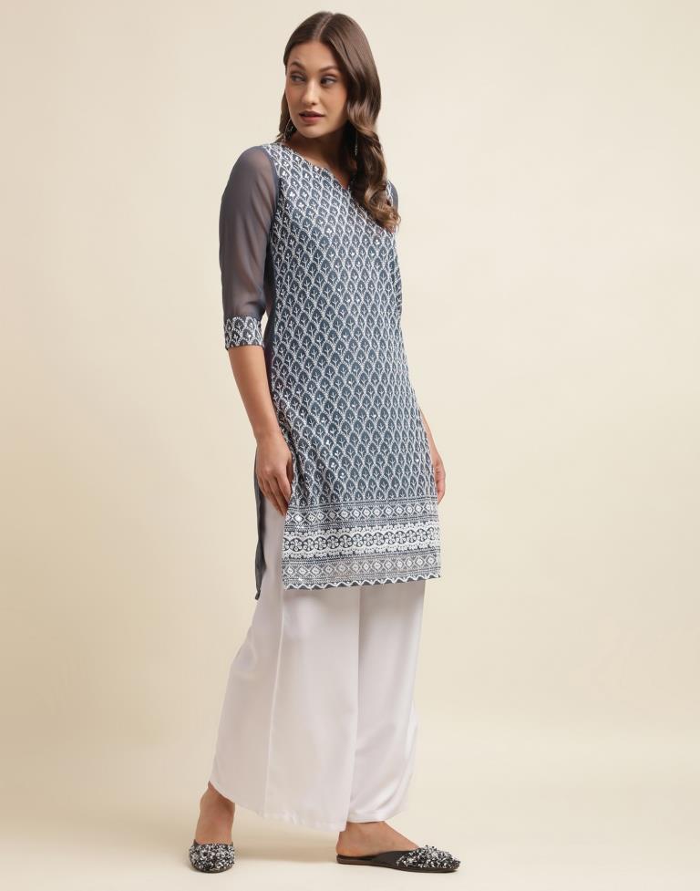 Grey Georgette Embroidery Straight Kurta | Sudathi