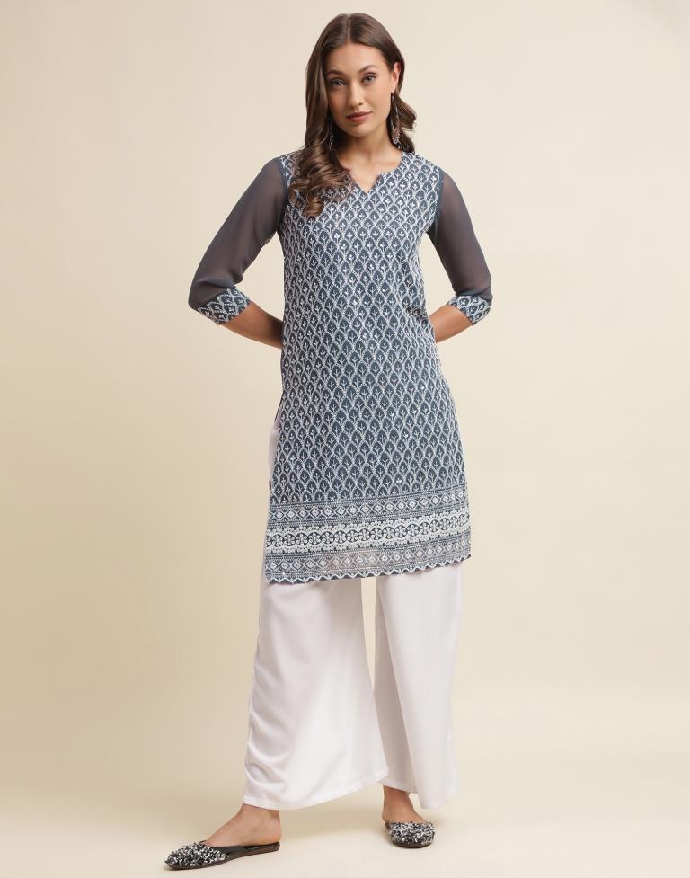Grey Georgette Embroidery Straight Kurta | Sudathi