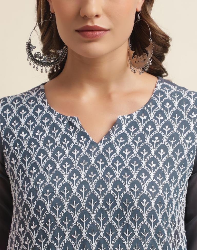 Grey Georgette Embroidery Straight Kurta | Sudathi