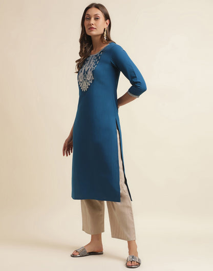 Sea Blue Embroidery Chinnon Straight Kurta