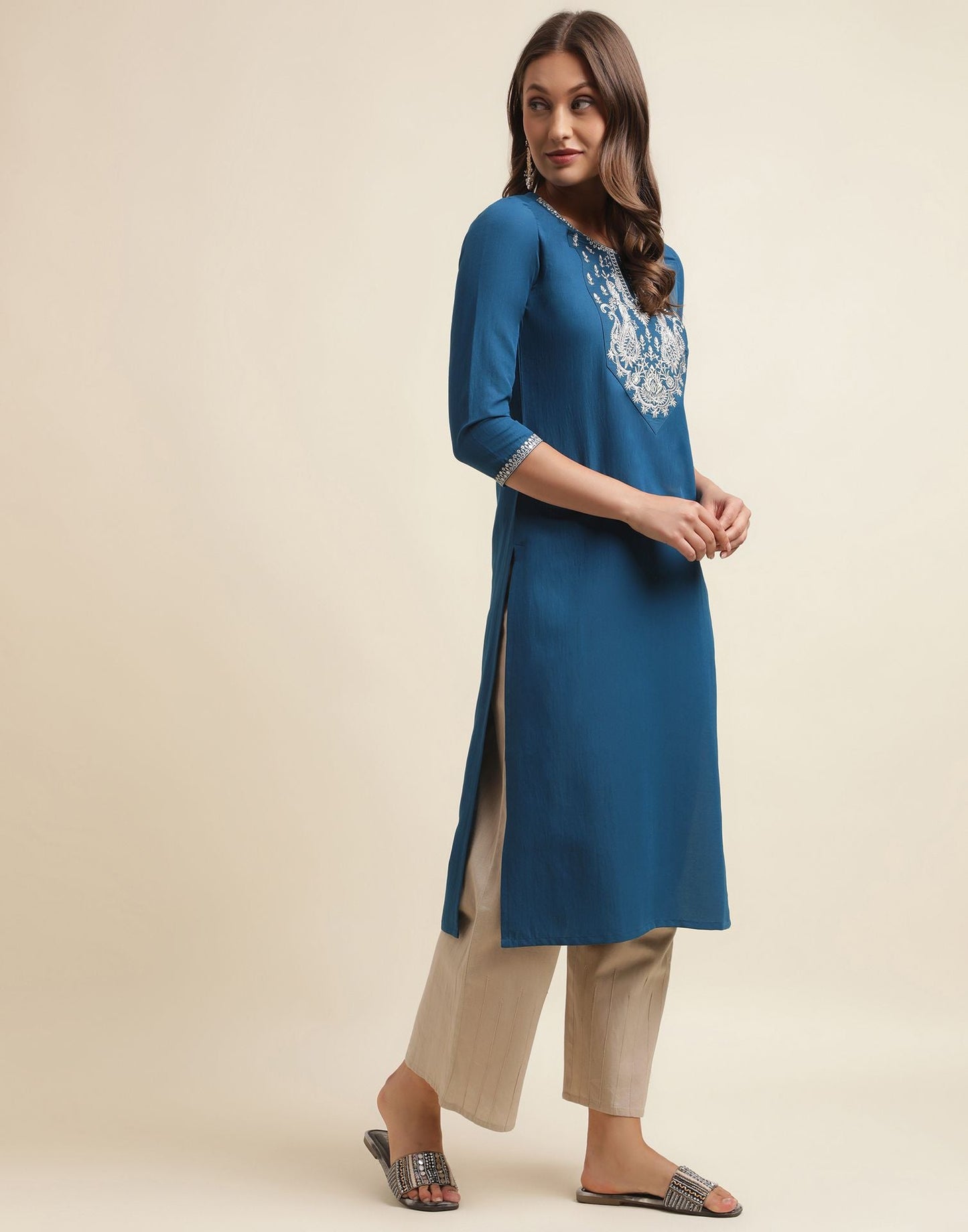 Sea Blue Embroidery Chinnon Straight Kurta