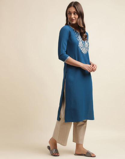 Sea Blue Embroidery Chinnon Straight Kurta