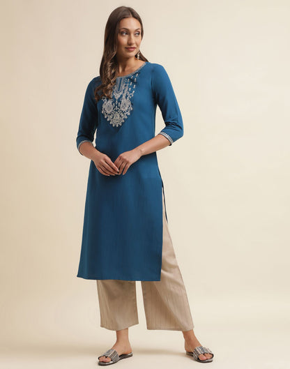 Sea Blue Embroidery Chinnon Straight Kurta