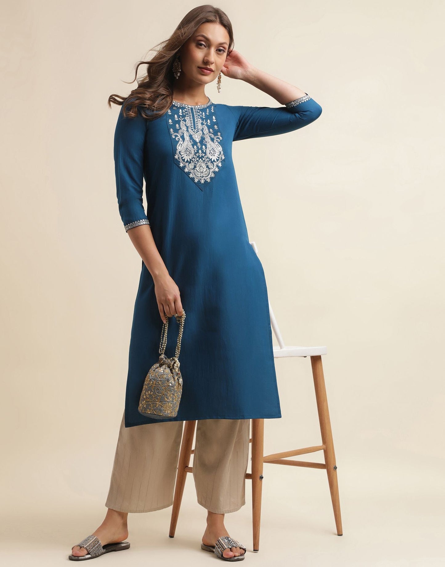 Sea Blue Embroidery Chinnon Straight Kurta