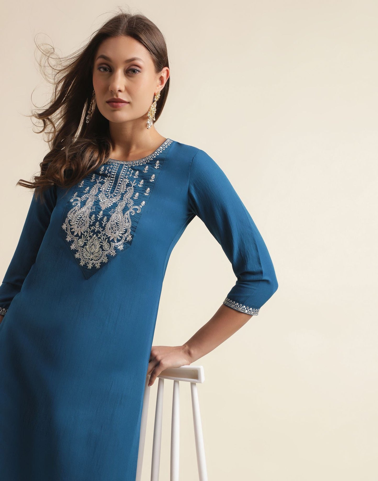 Sea Blue Embroidery Chinnon Straight Kurta
