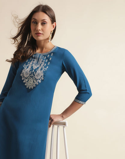 Sea Blue Embroidery Chinnon Straight Kurta