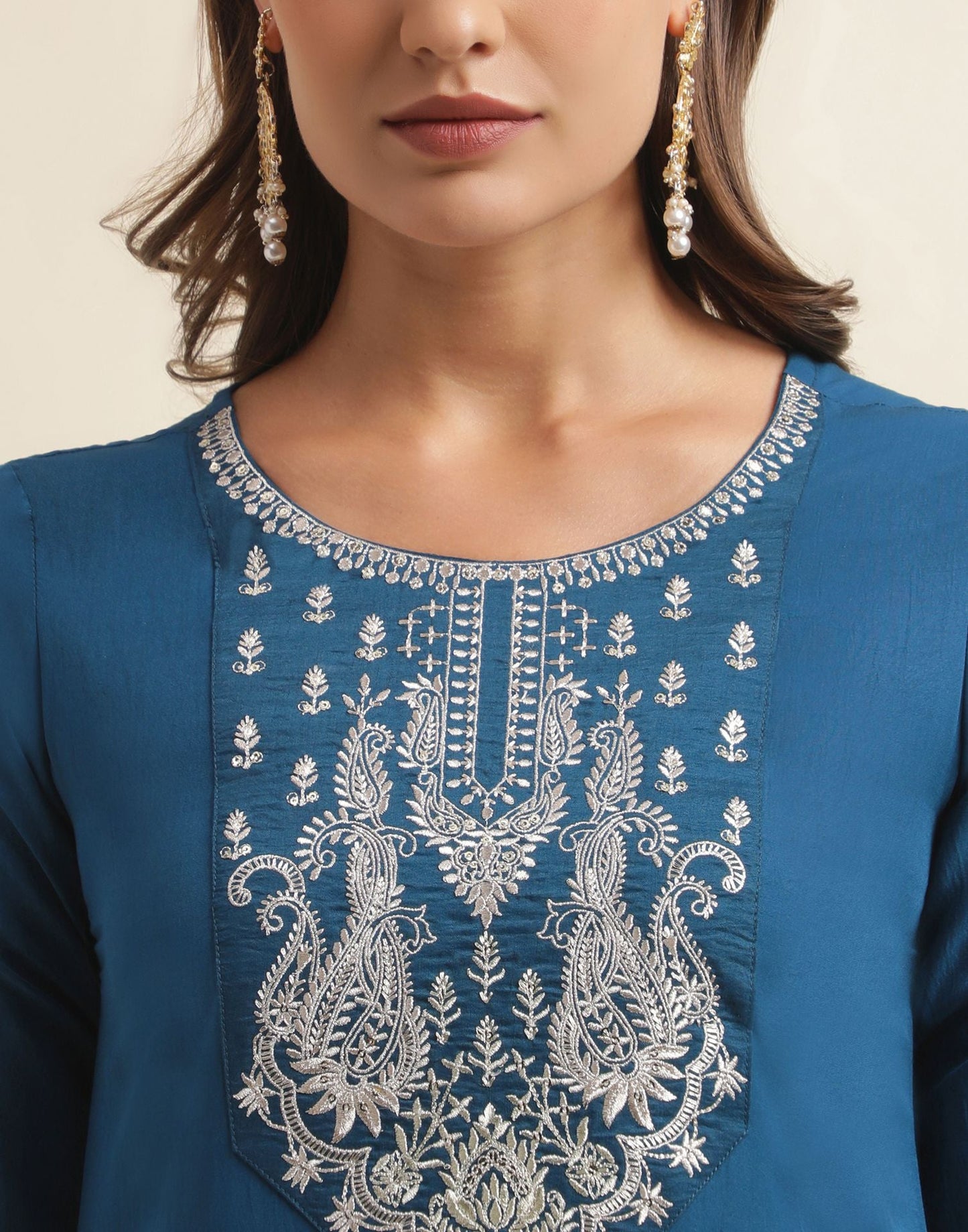 Sea Blue Embroidery Chinnon Straight Kurta