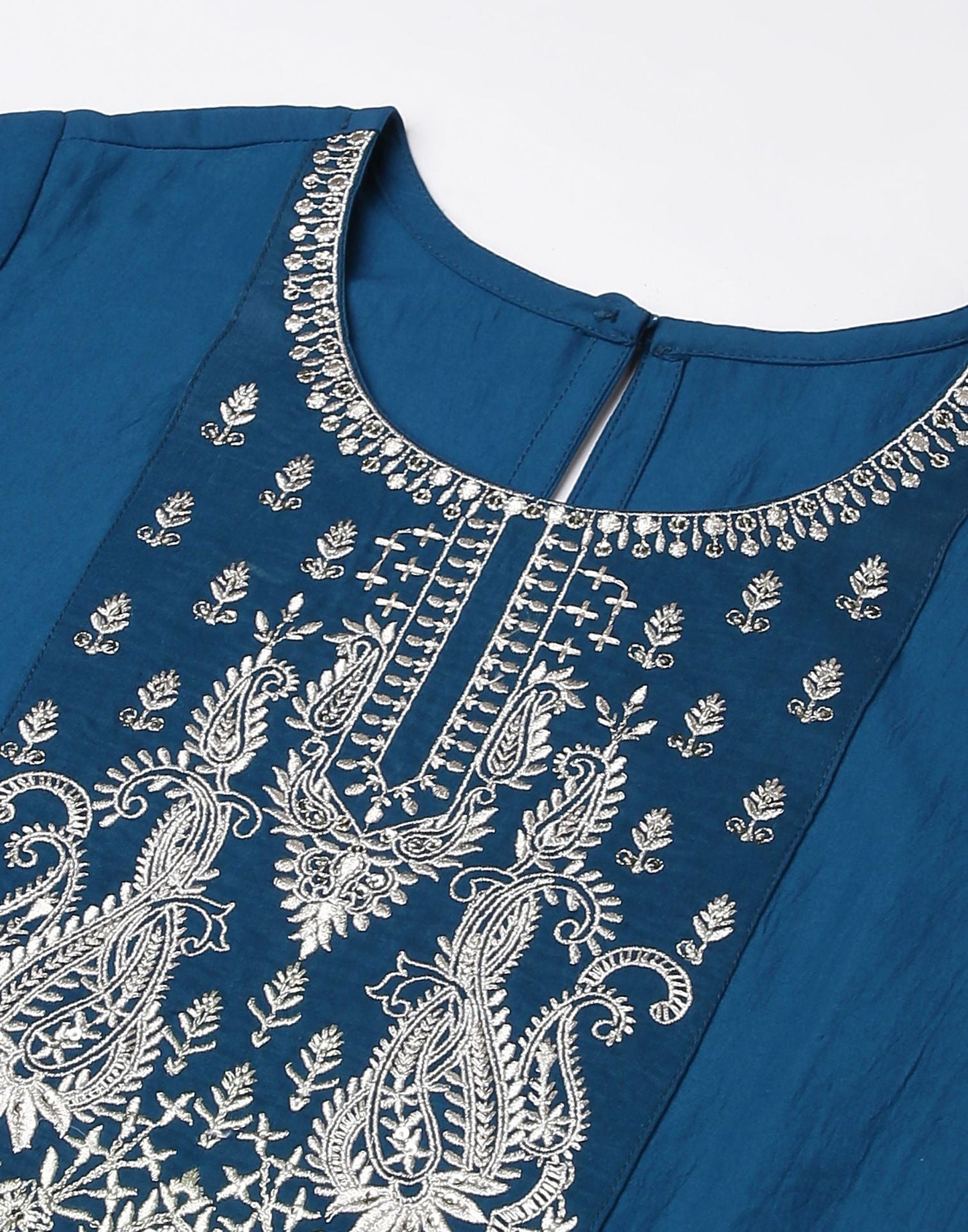 Sea Blue Embroidery Chinnon Straight Kurta
