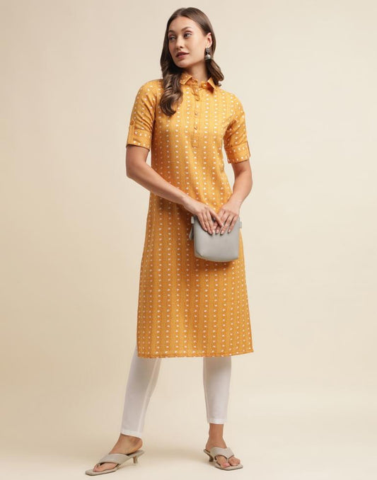 Musterd Yellow Printed Cotton Straight Kurta