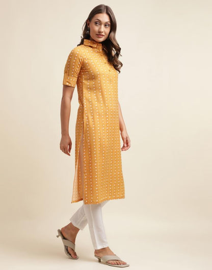Musterd Yellow Printed Cotton Straight Kurta