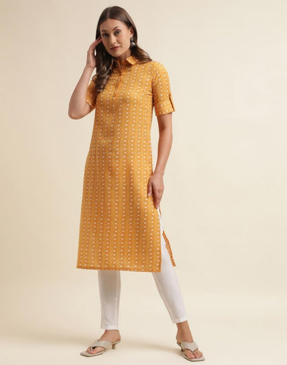 Musterd Yellow Printed Cotton Straight Kurta