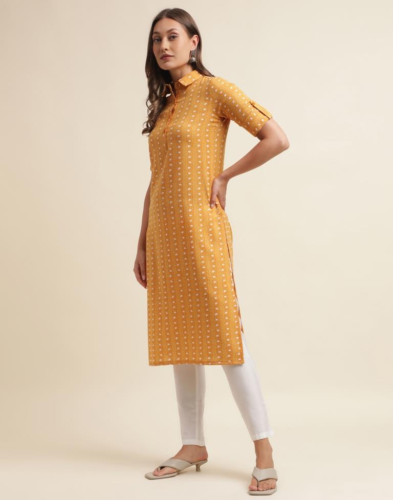 Musterd Yellow Printed Cotton Straight Kurta