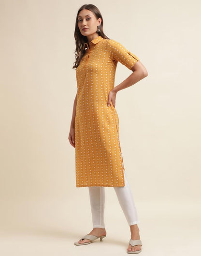 Musterd Yellow Printed Cotton Straight Kurta