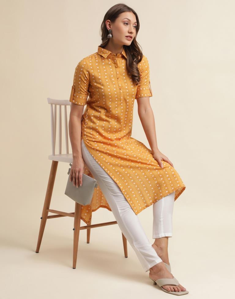 Musterd Yellow Printed Cotton Straight Kurta