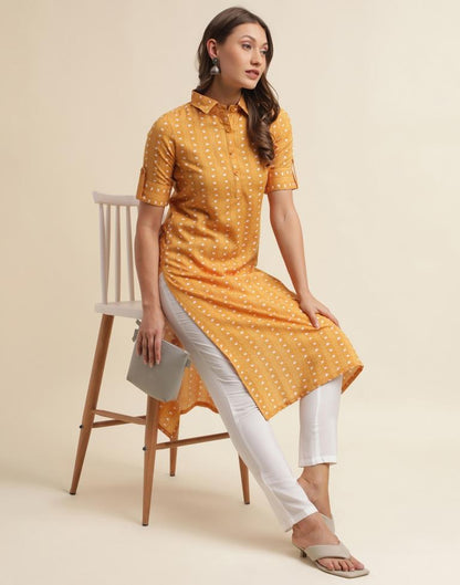 Musterd Yellow Printed Cotton Straight Kurta