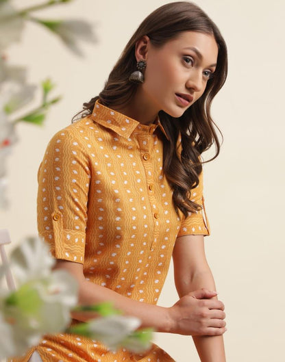 Musterd Yellow Printed Cotton Straight Kurta
