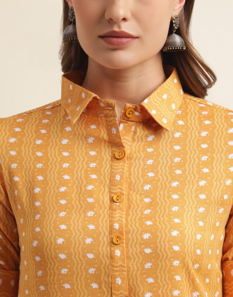 Musterd Yellow Printed Cotton Straight Kurta