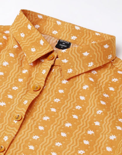 Musterd Yellow Printed Cotton Straight Kurta