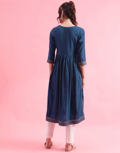 Teal Blue Printed Rayon A-line Kurta