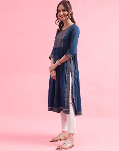 Teal Blue Printed Rayon A-line Kurta