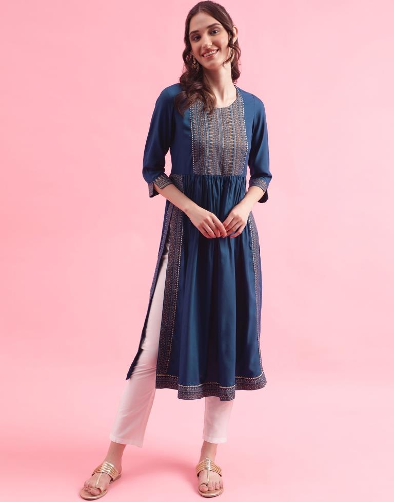 Teal Blue Printed Rayon A-line Kurta