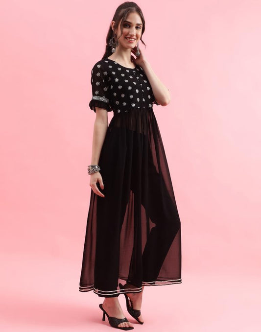 Black Embroidered A-Line Kurta