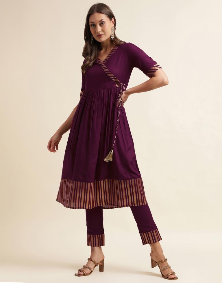 Wine Plain Rayon A-Line Kurta Set