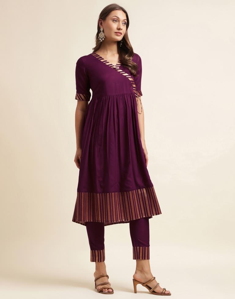 Wine Plain Rayon A-Line Kurta Set