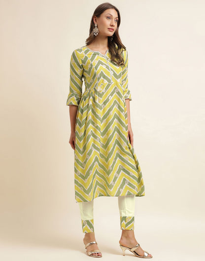 Green Printed Cotton A-Line Kurta With Pant