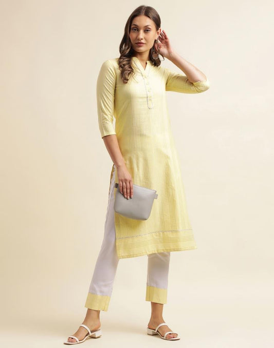 Yellow Weaved Cotton Kurta With Pant