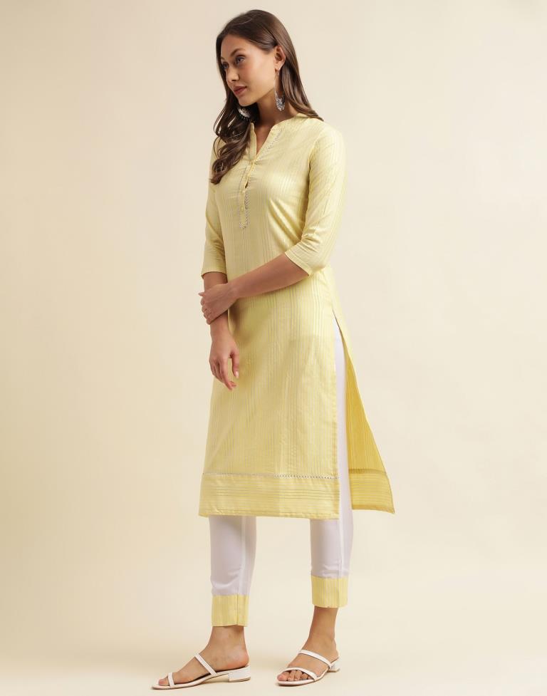 Yellow Weaved Cotton Kurta With Pant