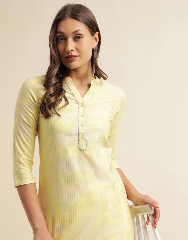 Yellow Weaved Cotton Kurta With Pant