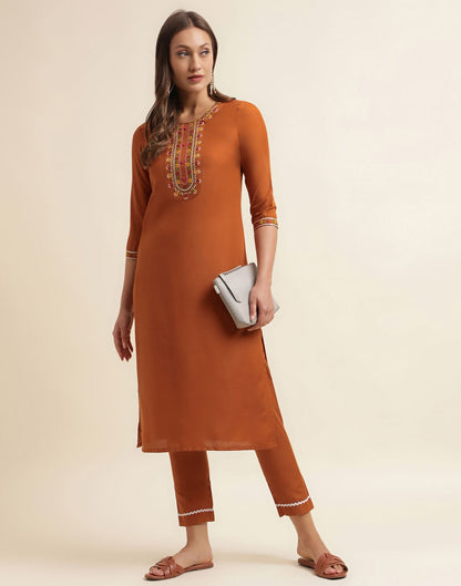 Rust Embroidery Cotton Straight Kurta With Pant
