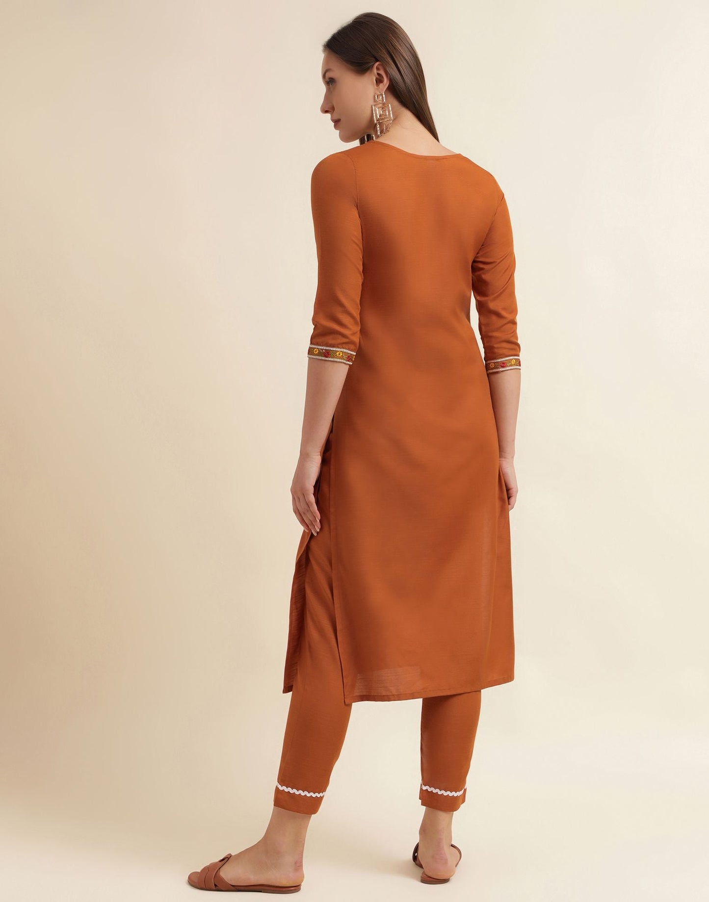 Rust Embroidery Cotton Straight Kurta With Pant
