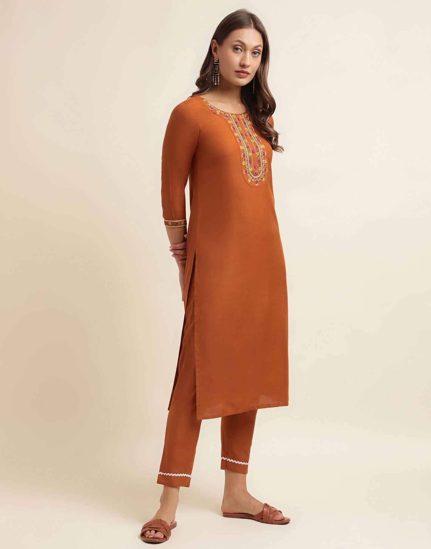 Rust Embroidery Cotton Straight Kurta With Pant