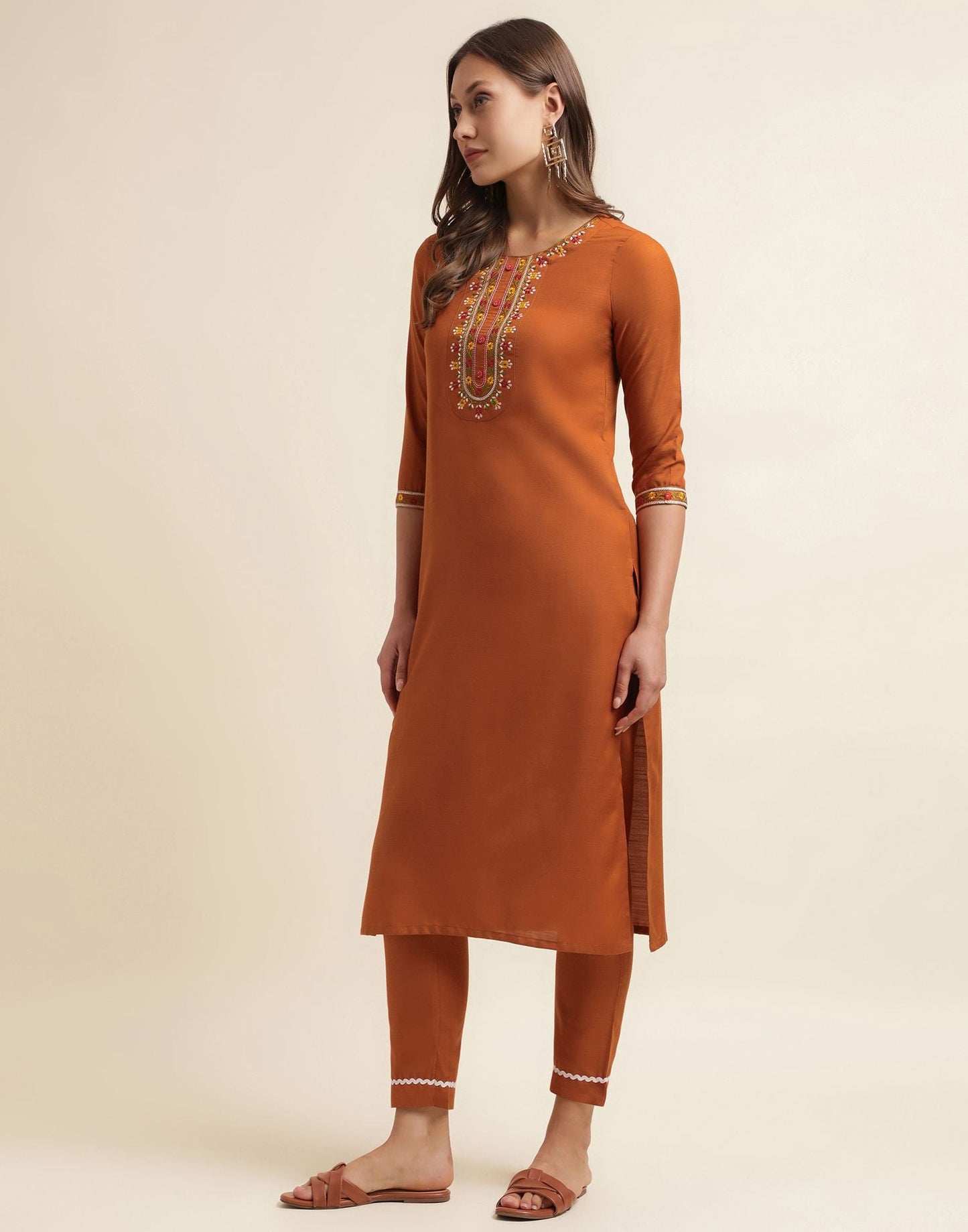 Rust Embroidery Cotton Straight Kurta With Pant