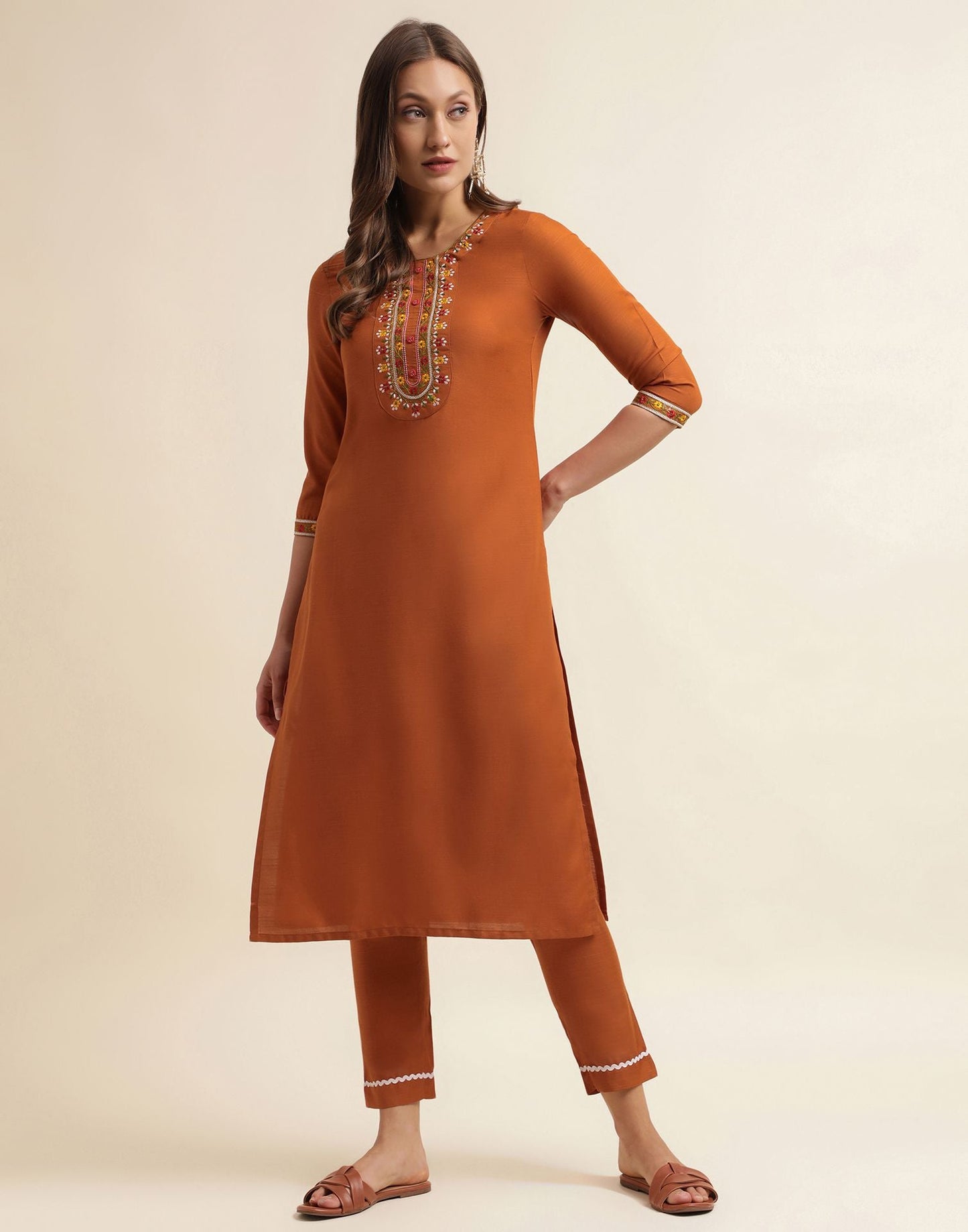 Rust Embroidery Cotton Straight Kurta With Pant