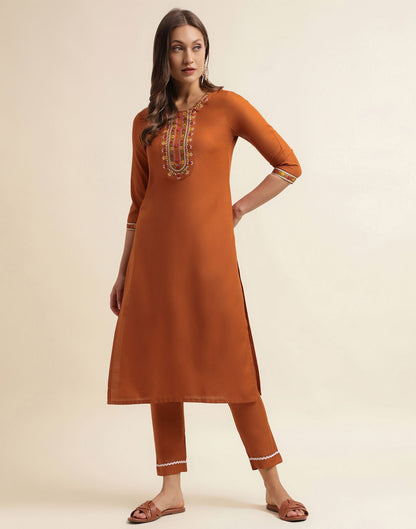 Rust Embroidery Cotton Straight Kurta With Pant